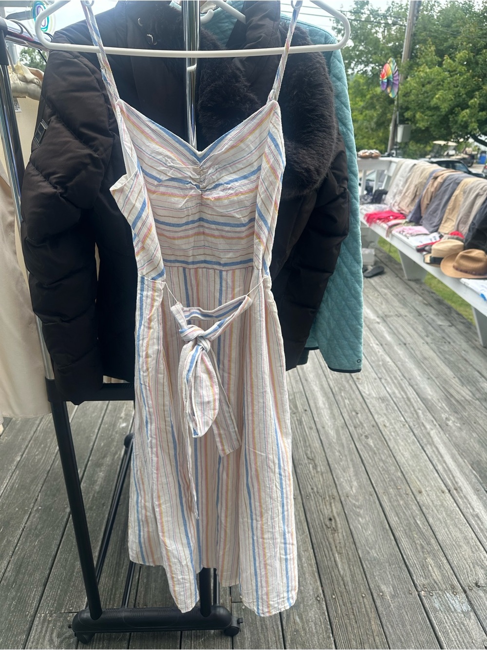 GAP Sleeveless Midi Dress with Tie-Waist in Pastel Stripe
